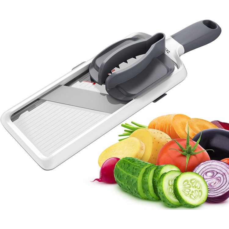 Multi Handheld Mandoline Slicer - Adjustable Stainless Steel Blade, Comfort Grip, Safety Features, Easy to Clean, Ideal for Speedy Slicing of Fruits and Vegetables (Gray)