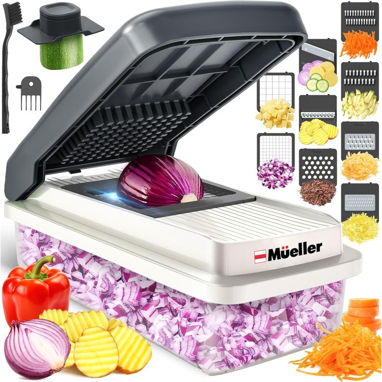 Mueller Vegetable Chopper 9 Blade, Mandoline Slicer, Veggie Chopper, Cheese Grater, Onion Chopper Vegetable Cutter, Dicer, Food Chopper with Container, Kitchen Gadgets & Essentials, White Sand/Grey