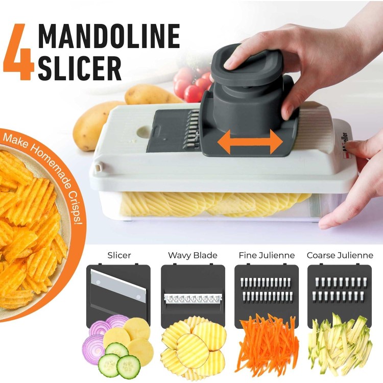 Mueller Vegetable Chopper 9 Blade, Mandoline Slicer, Veggie Chopper, Cheese Grater, Onion Chopper Vegetable Cutter, Dicer, Food Chopper with Container, Kitchen Gadgets & Essentials, White Sand/Grey