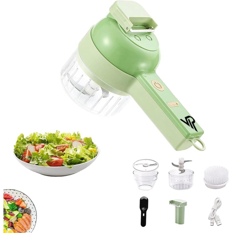 4 in 1 Portable Electric Vegetable Cutter,Electric Vegetable Slicer Set Wireless Food Processor for Garlic Pepper Chili Onion Celery Ginger Meat (Green)