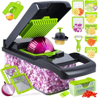 Vegetable Chopper, Pro Onion Chopper, 14 in 1Multifunctional Food Chopper, Kitchen Vegetable Slicer Dicer Cutter,Veggie Chopper With 8 Blades,Carrot Chopper With Container-kitchen essentials(Grey)