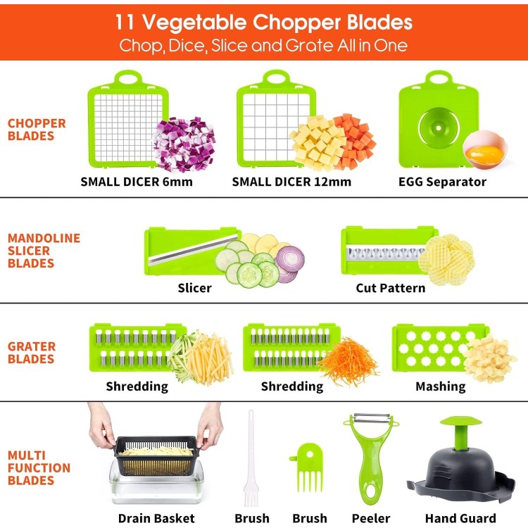 Vegetable Chopper, Pro Onion Chopper, 14 in 1Multifunctional Food Chopper, Kitchen Vegetable Slicer Dicer Cutter,Veggie Chopper With 8 Blades,Carrot Chopper With Container-kitchen essentials(Grey)