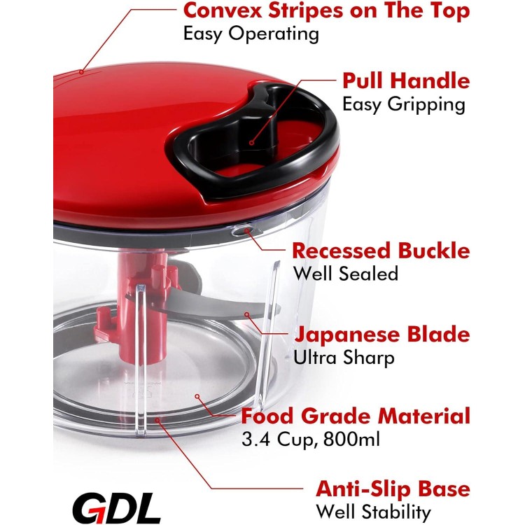 GDL Food Chopper, Pull Onion Chopper Dicer, Hand Powered Food Chopper, Fast Cutting Hand Chopper Mincer for Oinon, Garlic, Nut, 3.4 Cups 0.8L, Red