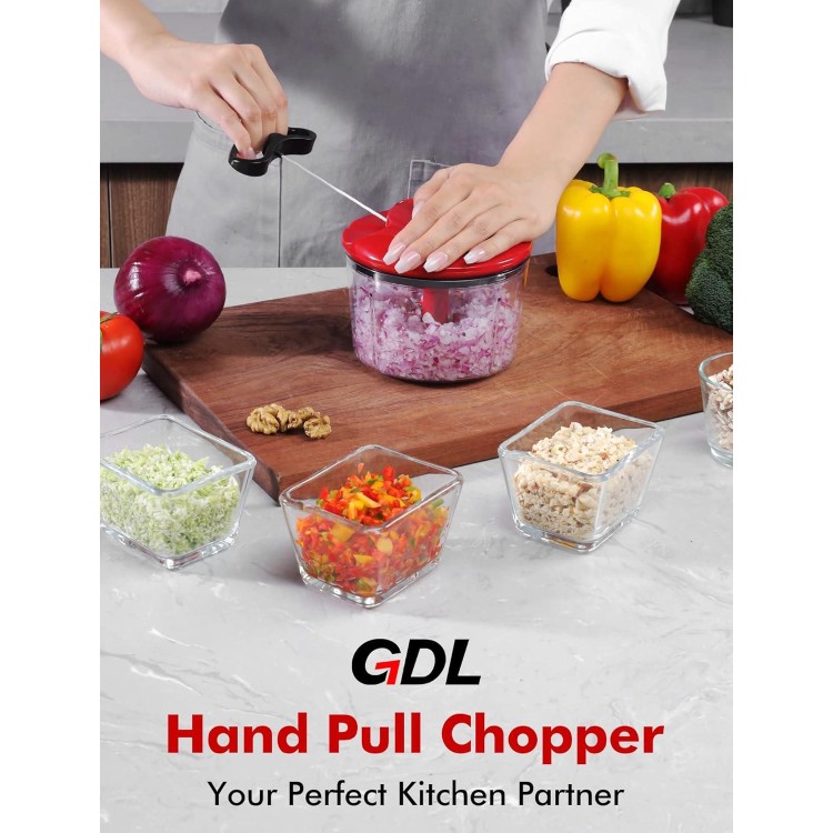 GDL Food Chopper, Pull Onion Chopper Dicer, Hand Powered Food Chopper, Fast Cutting Hand Chopper Mincer for Oinon, Garlic, Nut, 3.4 Cups 0.8L, Red