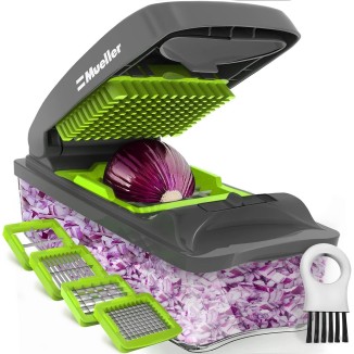 MuellerLiving 4-Blade Onion Chopper, Vegetable Chopper, Grape Cutter, Egg and Cheese Slicer with Container