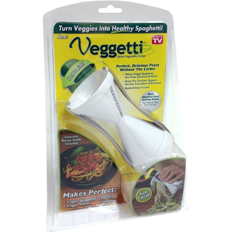 Veggetti Veggie Slicer, Dual Stainless Steel Blade Vegetable Cutter for Thick or Thin Noodle, Works with Zucchini, Squash, Cucumbers, Carrots, and more, 2.76L x 2.76W x 6.32H, White