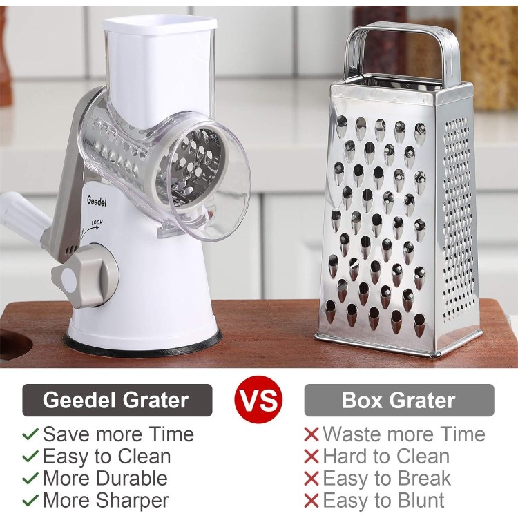 Geedel Rotary Cheese Grater, Kitchen Mandoline Vegetable Slicer with 3 Interchangeable Blades, Easy to Clean Rotary Grater Slicer for Fruit, Vegetables, Nuts