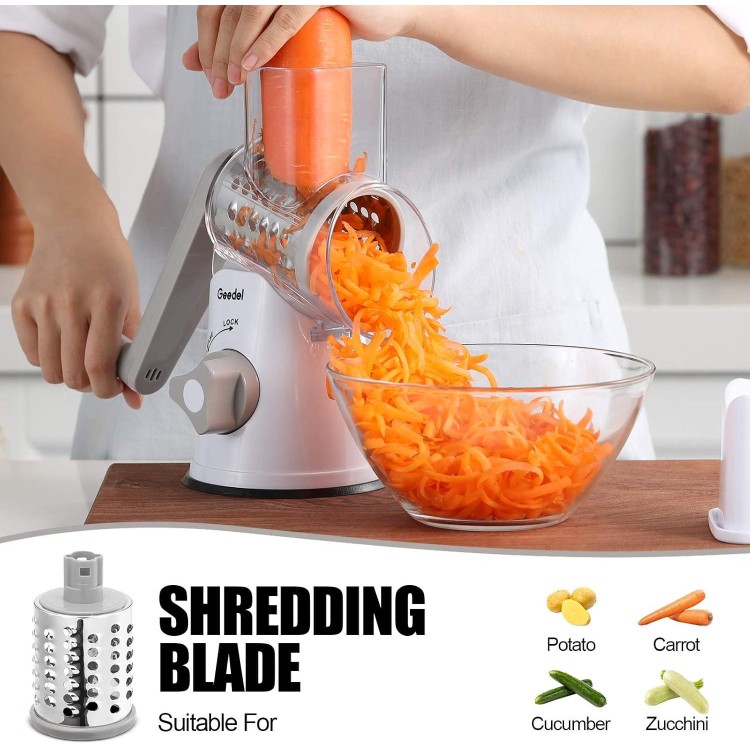 Geedel Rotary Cheese Grater, Kitchen Mandoline Vegetable Slicer with 3 Interchangeable Blades, Easy to Clean Rotary Grater Slicer for Fruit, Vegetables, Nuts