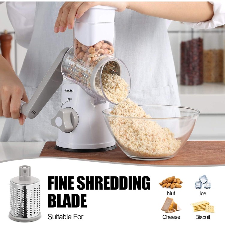 Geedel Rotary Cheese Grater, Kitchen Mandoline Vegetable Slicer with 3 Interchangeable Blades, Easy to Clean Rotary Grater Slicer for Fruit, Vegetables, Nuts