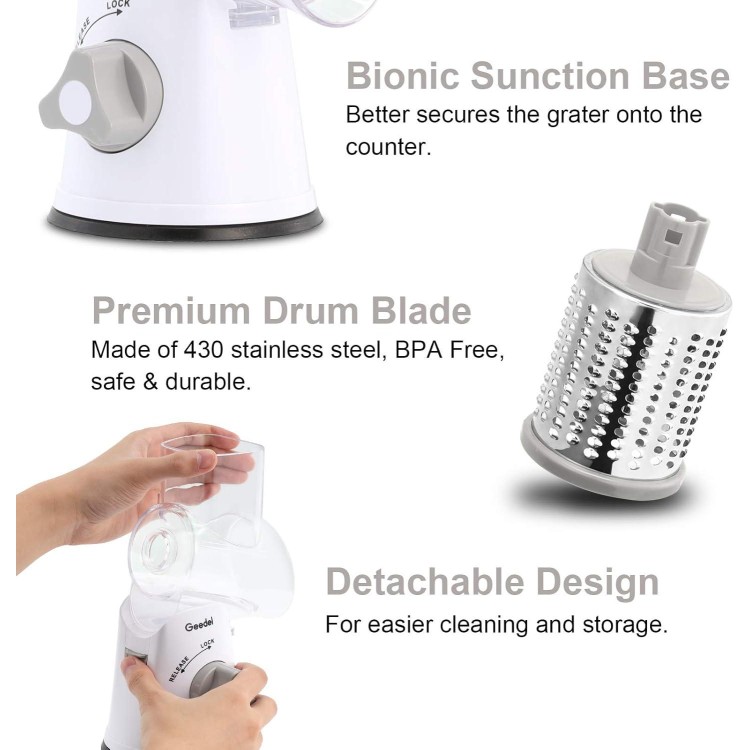 Geedel Rotary Cheese Grater, Kitchen Mandoline Vegetable Slicer with 3 Interchangeable Blades, Easy to Clean Rotary Grater Slicer for Fruit, Vegetables, Nuts