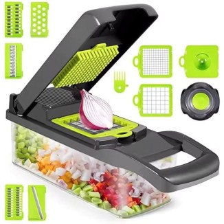 Multifunctional Food Chopper, 14-in-1 Veggie Chopper with 8 Blades, Onion Chopper, Carrot Chopper with Container, Kitchen Vegetable Slicer Dicer Cutter, Standerd, Green Transfernt