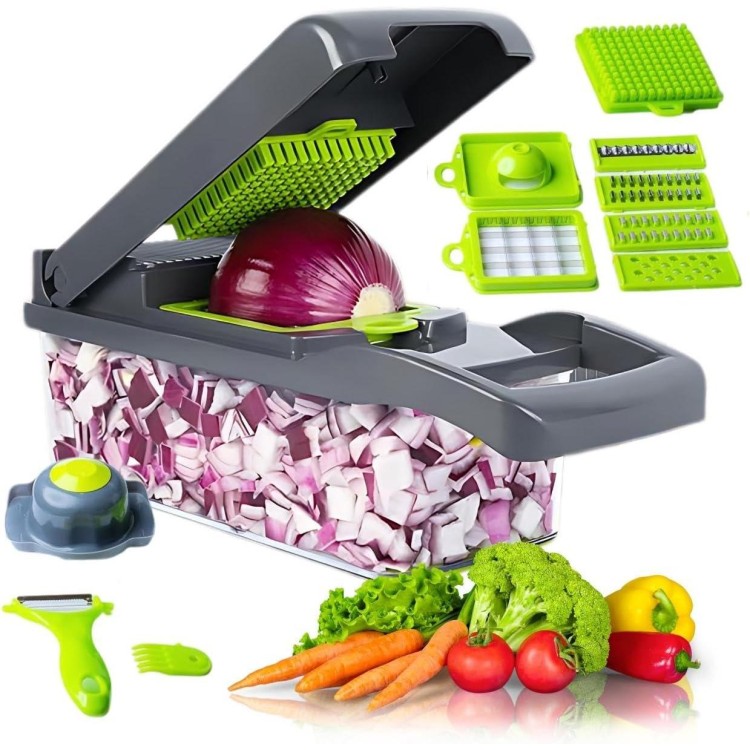 Multifunctional Food Chopper, 14-in-1 Veggie Chopper with 8 Blades, Onion Chopper, Carrot Chopper with Container, Kitchen Vegetable Slicer Dicer Cutter, Standerd, Green Transfernt