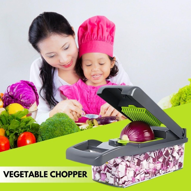 Multifunctional Food Chopper, 14-in-1 Veggie Chopper with 8 Blades, Onion Chopper, Carrot Chopper with Container, Kitchen Vegetable Slicer Dicer Cutter, Standerd, Green Transfernt