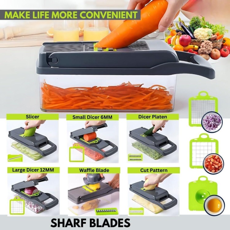 Multifunctional Food Chopper, 14-in-1 Veggie Chopper with 8 Blades, Onion Chopper, Carrot Chopper with Container, Kitchen Vegetable Slicer Dicer Cutter, Standerd, Green Transfernt