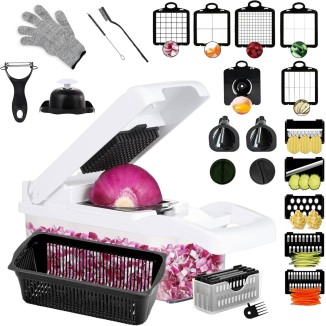 22-in-1 - Vegetable Chopper With Container - Kitchen Slicer Vegetable Cutter, Food Chopper With Container, Heavy Duty Cut Resistant Glove & Cleaning Brushes, Vegetable Dicer For Chopping Salad - White