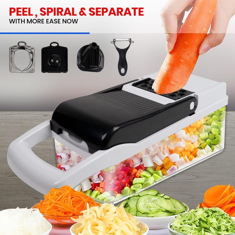 22-in-1 - Vegetable Chopper With Container - Kitchen Slicer Vegetable Cutter, Food Chopper With Container, Heavy Duty Cut Resistant Glove & Cleaning Brushes, Vegetable Dicer For Chopping Salad - White