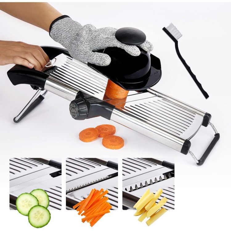 Mandoline Slicer for Kitchen, Adjustable Stainless Steel Vegetable Cutter,Vegetable Chopper for Potato, Tomato, Veggie Salad and Onion, French Fry Cutter with Cut-Resistant Gloves