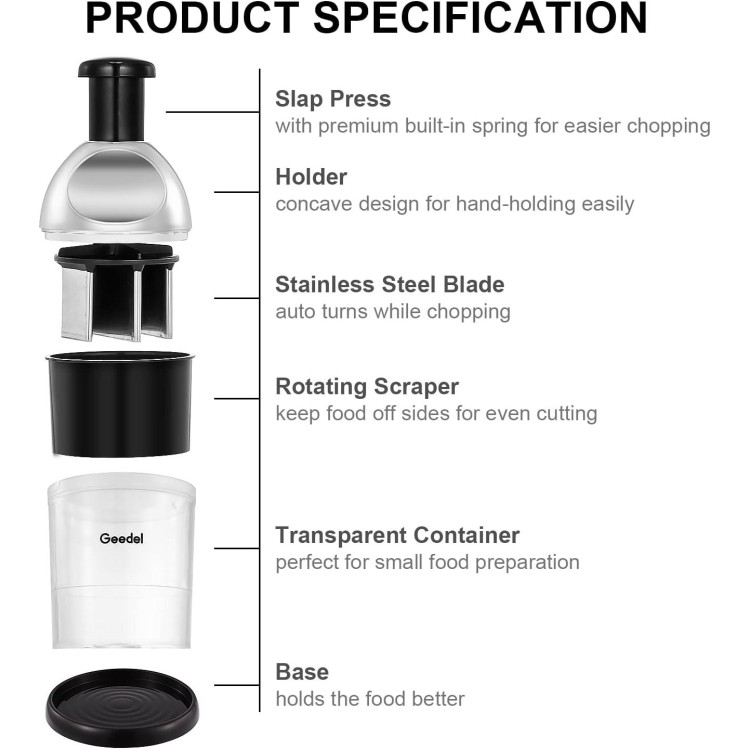 Geedel Food Chopper, Easy to Clean Manual Hand Vegetable Chopper Dicer, Dishwasher Safe Slap Onion Chopper for Veggies Onions Garlic Nuts Salads