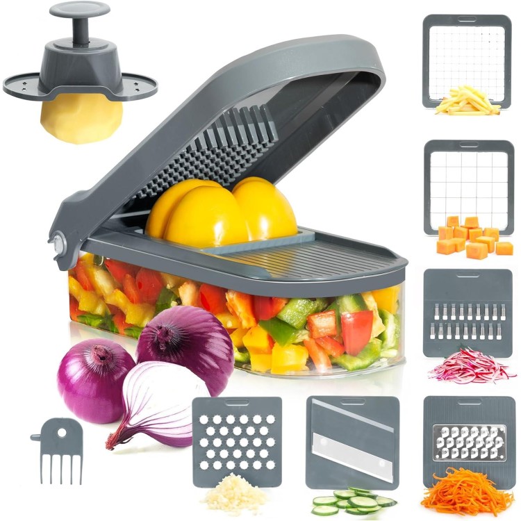 Onion chopper vegetable cutter, Fruit and Veggie Chopper, Egg slicer with Container, French fry Cutter Potato Slicer, home essentials & kitchen appliances (6 in 1 - Gray)