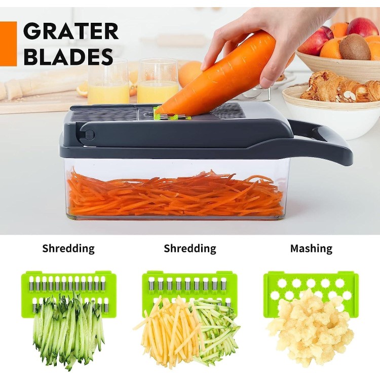 16-in-1 Vegetable Chopper, 8 Blades Veggie Chopper, Practical Onion Chopper with Container, Cheese Slicer, Food Chopper, Salad Chopper, Mandoline Slicer & Cheese Grater For Kitchen(Grey)