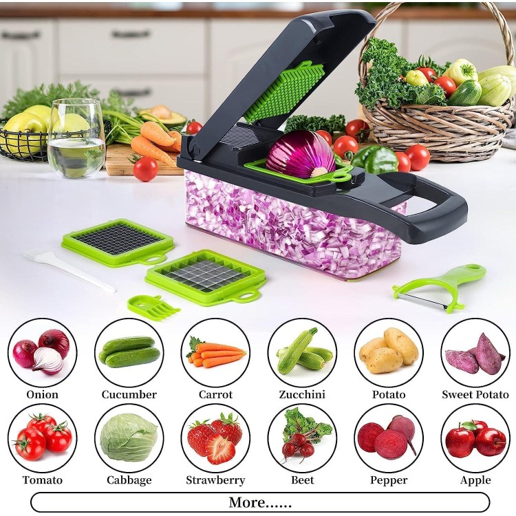 16-in-1 Vegetable Chopper, 8 Blades Veggie Chopper, Practical Onion Chopper with Container, Cheese Slicer, Food Chopper, Salad Chopper, Mandoline Slicer & Cheese Grater For Kitchen(Grey)