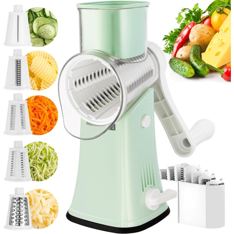 VEKAYA Rotary Cheese Grater, 5 in 1 Cheese Grater with Handle, Replaceable Stainless Blades Cheese Shredder, Cheese Vegetable Slicer, Easy to Clean Kitchen Gadgets with Storage Box