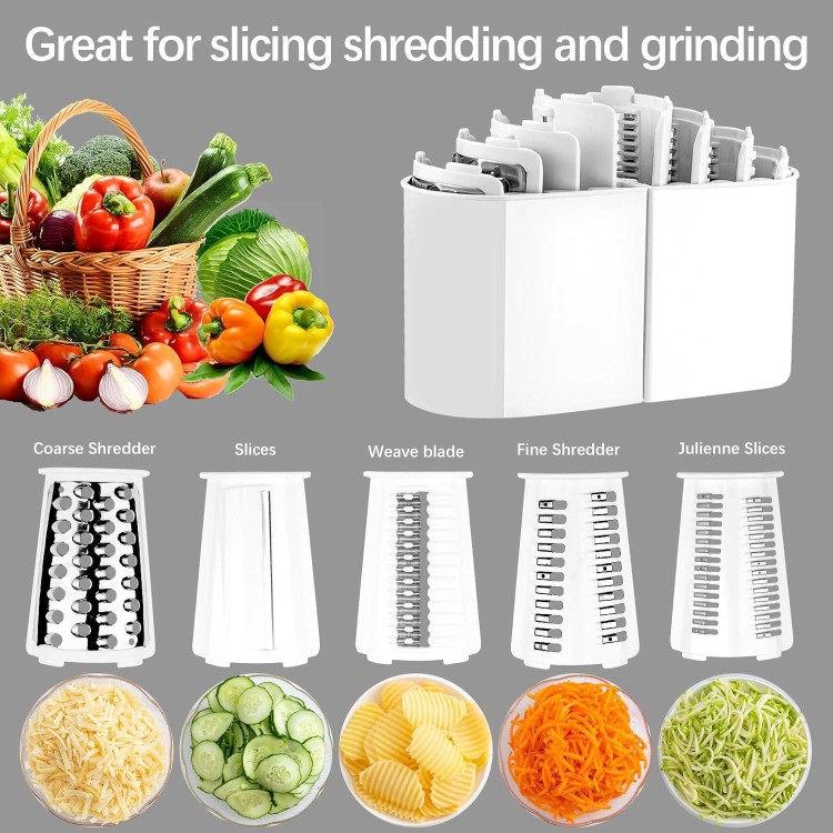 VEKAYA Rotary Cheese Grater, 5 in 1 Cheese Grater with Handle, Replaceable Stainless Blades Cheese Shredder, Cheese Vegetable Slicer, Easy to Clean Kitchen Gadgets with Storage Box