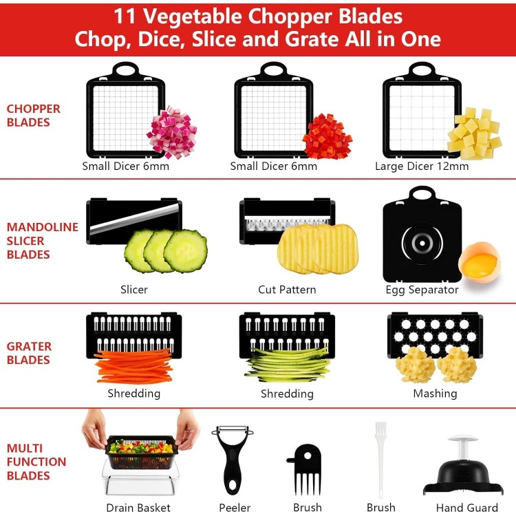 Professional Compact Vegetable Chopper, Veggie Chopper, Chopper Vegetable Cutter, Veggie Chopper with Container, Mandoline Slicer Dicer 9 Inserts