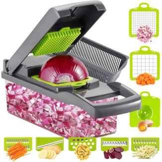 Ourokhome Vegetable Chopper Onion Cutter, 12 in 1 Professional Mandoline Slicer for Kitchen, Multifunctional Food Chopper for Potato, Tomato, Veggie with Strainer Basket, 8 Blades, Gray