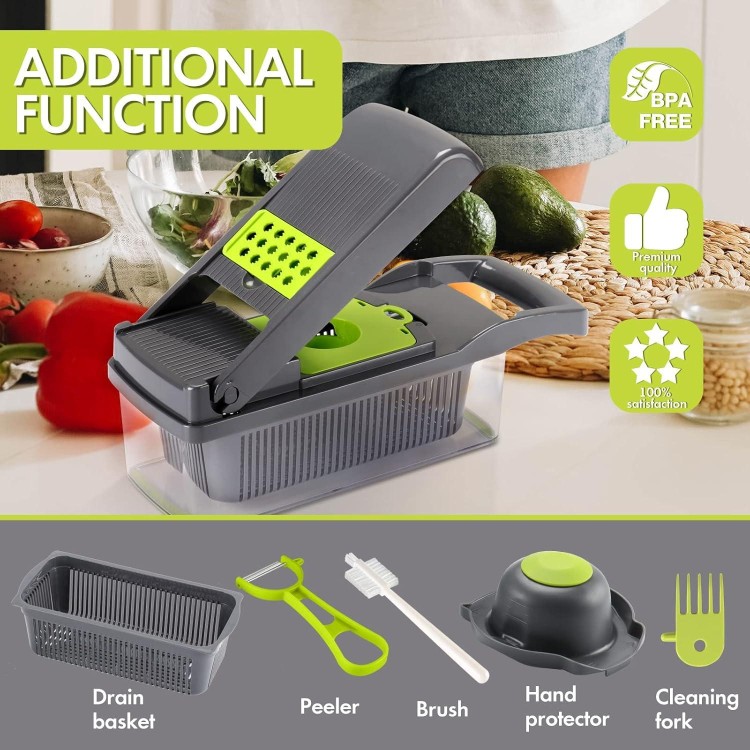 Ourokhome Vegetable Chopper Onion Cutter, 12 in 1 Professional Mandoline Slicer for Kitchen, Multifunctional Food Chopper for Potato, Tomato, Veggie with Strainer Basket, 8 Blades, Gray