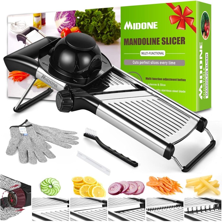 MIDONE Mandoline Slicer - Adjustable Mandoline Slicer for Kitchen, Stainless Steel Mandoline Food Slicer, Mandolin, Potato Slicer, Tomato Slicer with Cut-Resistant Gloves & Cleaning Brush