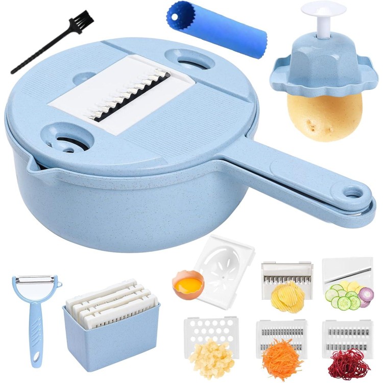 14 in 1 Multi-function Vegetable Chopper Grater, Multifunction Veggie Cutter Food Slicer with Container for Kitchen Blue