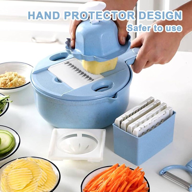 14 in 1 Multi-function Vegetable Chopper Grater, Multifunction Veggie Cutter Food Slicer with Container for Kitchen Blue