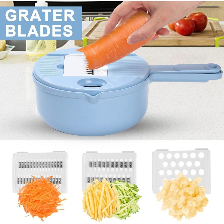 14 in 1 Multi-function Vegetable Chopper Grater, Multifunction Veggie Cutter Food Slicer with Container for Kitchen Blue