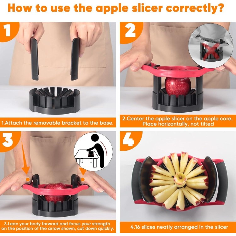 Newness Apple Cutter Slicer, [Large Size] 16 Slices HEAVY DUTY and Pear Corer Divider with Base, [Upgraded] Cut Apples All The Way Through, Stainless Steel Fruits & Vegetables Divider, Wedger…