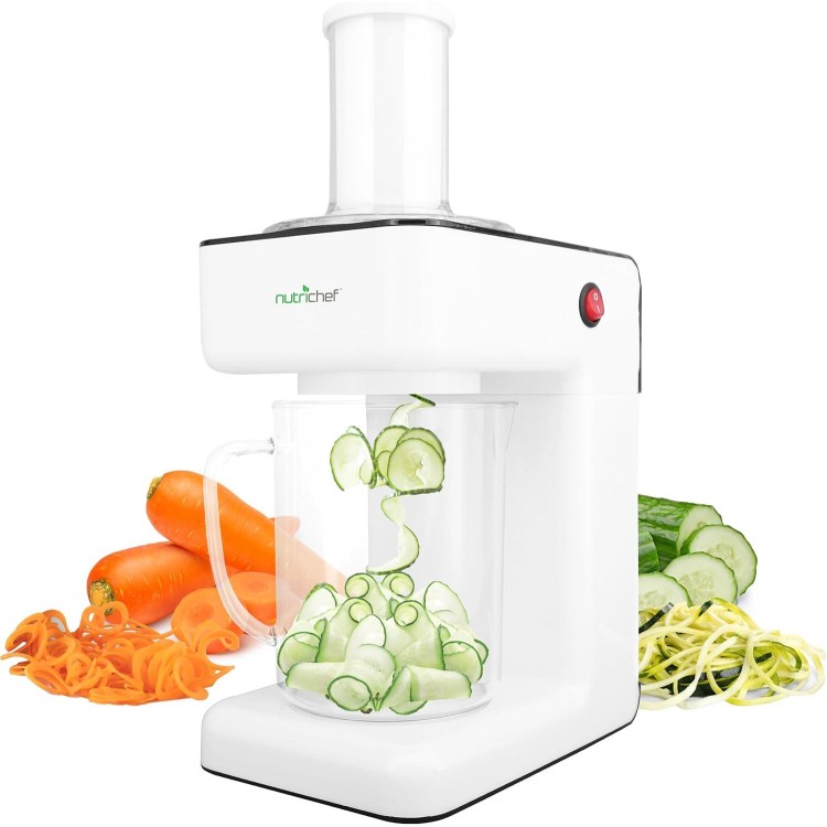 NutriChef 3-in-1 Electric Vegetable Chopper, Spiralizer, and Salad Maker - Fruit Cutter, Spiral Shredder Machine, Veggie Spaghetti & Noodle Maker | Includes Food Plunger & 1.2L Bowl