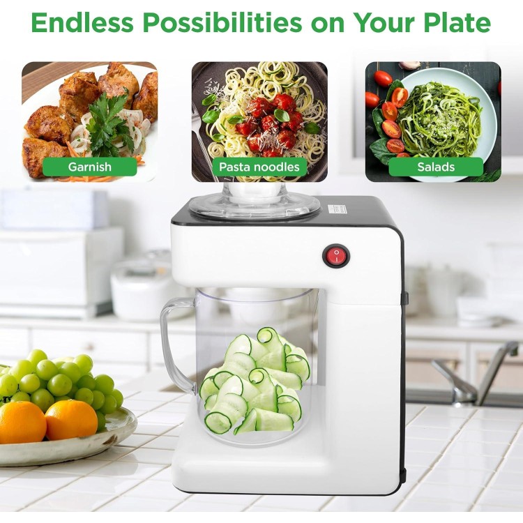 NutriChef 3-in-1 Electric Vegetable Chopper, Spiralizer, and Salad Maker - Fruit Cutter, Spiral Shredder Machine, Veggie Spaghetti & Noodle Maker | Includes Food Plunger & 1.2L Bowl