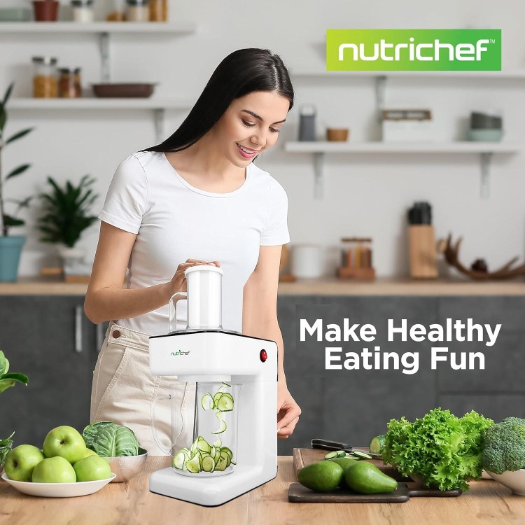 NutriChef 3-in-1 Electric Vegetable Chopper, Spiralizer, and Salad Maker - Fruit Cutter, Spiral Shredder Machine, Veggie Spaghetti & Noodle Maker | Includes Food Plunger & 1.2L Bowl