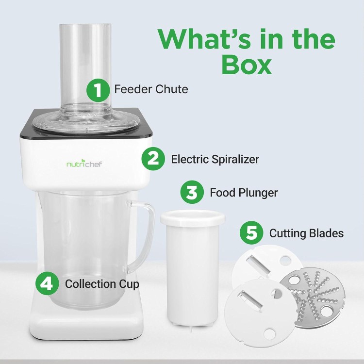 NutriChef 3-in-1 Electric Vegetable Chopper, Spiralizer, and Salad Maker - Fruit Cutter, Spiral Shredder Machine, Veggie Spaghetti & Noodle Maker | Includes Food Plunger & 1.2L Bowl