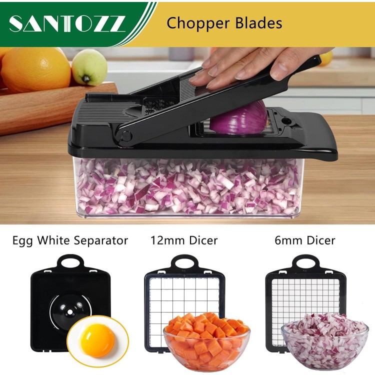 SANTOZZ Multifunctional Pro Vegetable Chopper with Container, Vegetable Cutter with Interchangeable Blade, Mandoline, Onion Slicer, French Fry Cutter, Home Essential & Kitchen Gadget