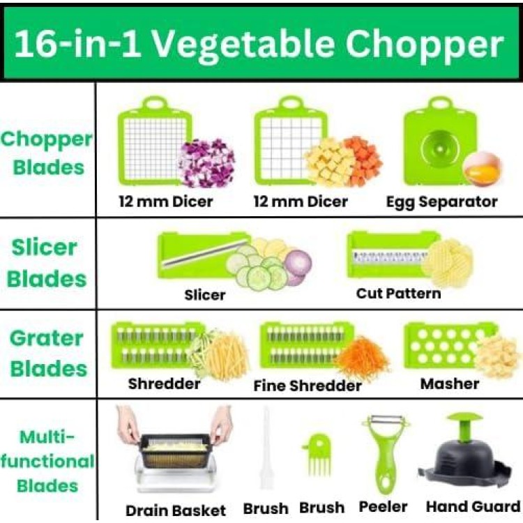 16-in-1 Vegetable Chopper with Container, Multifunctional Vegetable Slicer-Dicer Cutter, Mandoline Slicer for Carrots, Potatoes, Fruit & Veggie Chopper (Kitchen Essentials & Gadgets)