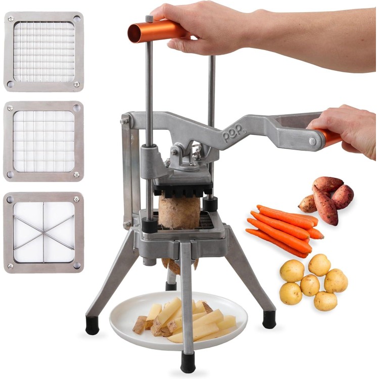 POP Commercial Grade French Fry Cutter, Stainless Steel Vegetable and Potato Slicer, Chopper, and Mandoline, Includes 1/2 and 3/8 Blades and 6 Wedge Cutter