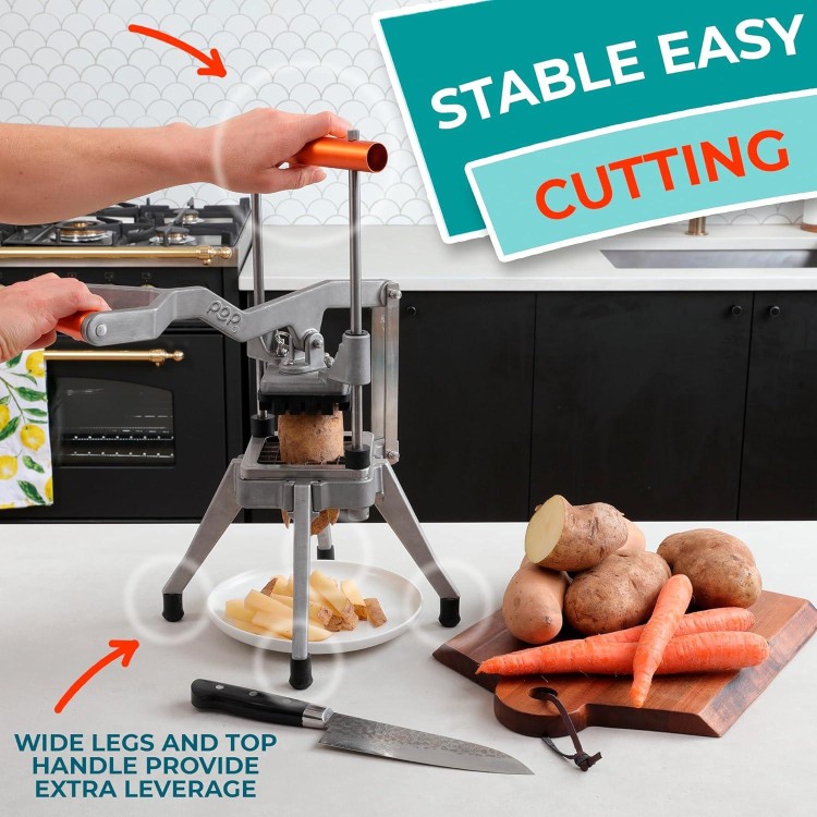 POP Commercial Grade French Fry Cutter, Stainless Steel Vegetable and Potato Slicer, Chopper, and Mandoline, Includes 1/2 and 3/8 Blades and 6 Wedge Cutter