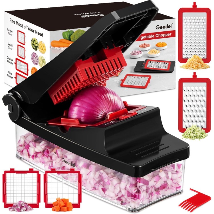 Geedel Vegetable Chopper, Onion Chopper Pro Food Chopper, Kitchen Vegetable Slicer Dicer Cutter Grater, Veggie Chopper with container for Salad Onion Potato Carrot (4 in 1, Red)