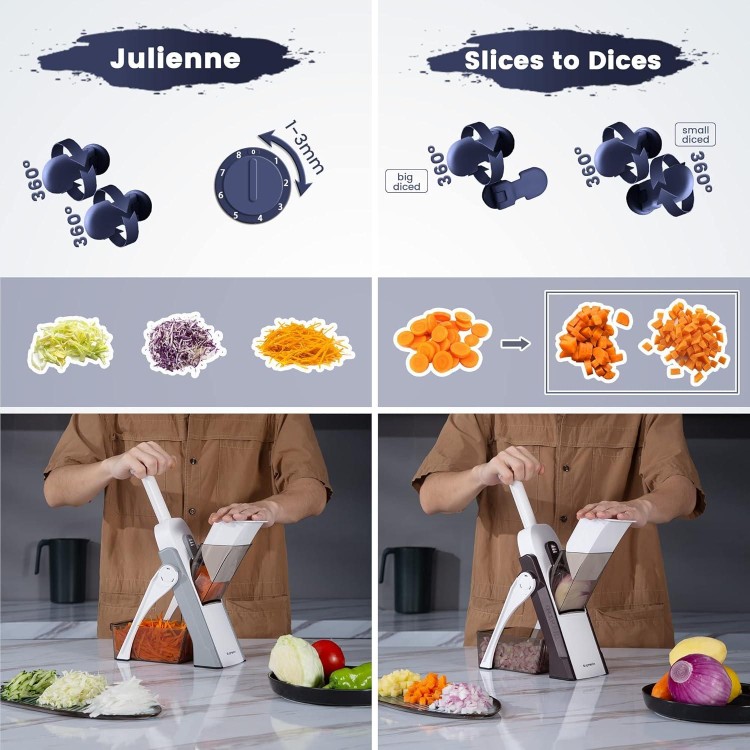 Safe Mandoline Slicer 5 in 1 Vegetables Slicer and Chopper Food Potato Cutter, Strips Julienne Dicer Adjustable Thickness Veggie Chopper, Chopping Artifact Fast Meal Prep (Blue)