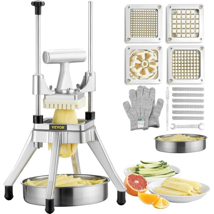 VEVOR Commercial Vegetable Fruit Chopper, Stainless Steel French Fry Cutter with 4 Blades 1/4 3/8 1/2, 6-wedge Slicer, Chopper Dicer with Tray, Heavy Duty Cutter for Potato Tomato Onion Mushroom