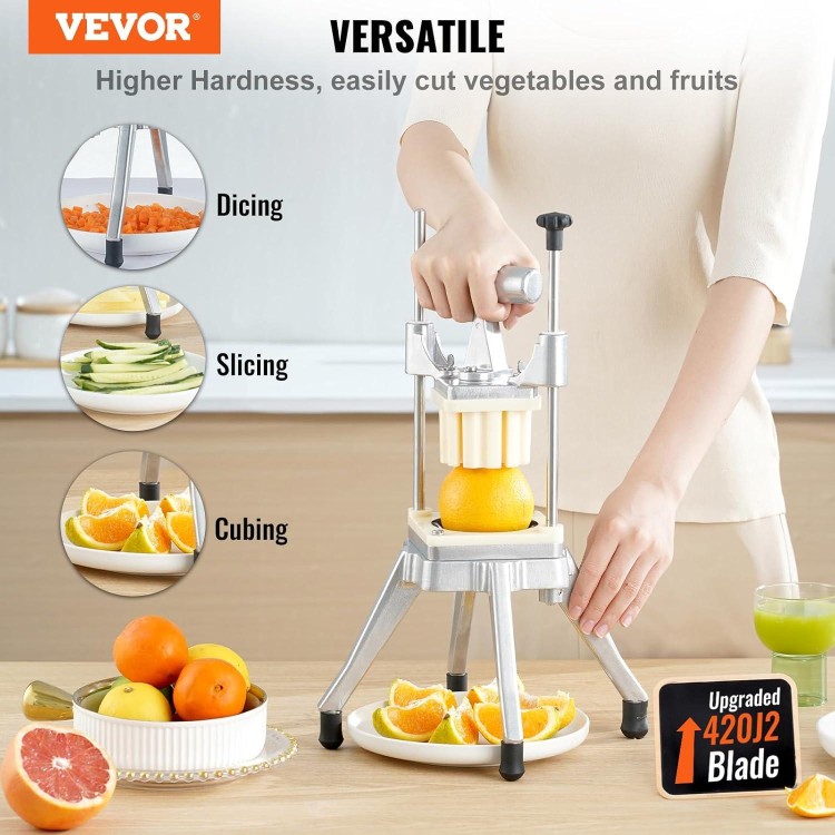 VEVOR Commercial Vegetable Fruit Chopper, Stainless Steel French Fry Cutter with 4 Blades 1/4 3/8 1/2, 6-wedge Slicer, Chopper Dicer with Tray, Heavy Duty Cutter for Potato Tomato Onion Mushroom