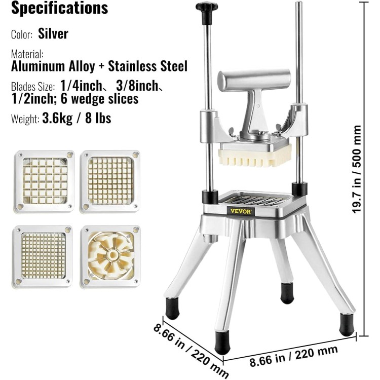 VEVOR Commercial Vegetable Fruit Chopper, Stainless Steel French Fry Cutter with 4 Blades 1/4 3/8 1/2, 6-wedge Slicer, Chopper Dicer with Tray, Heavy Duty Cutter for Potato Tomato Onion Mushroom