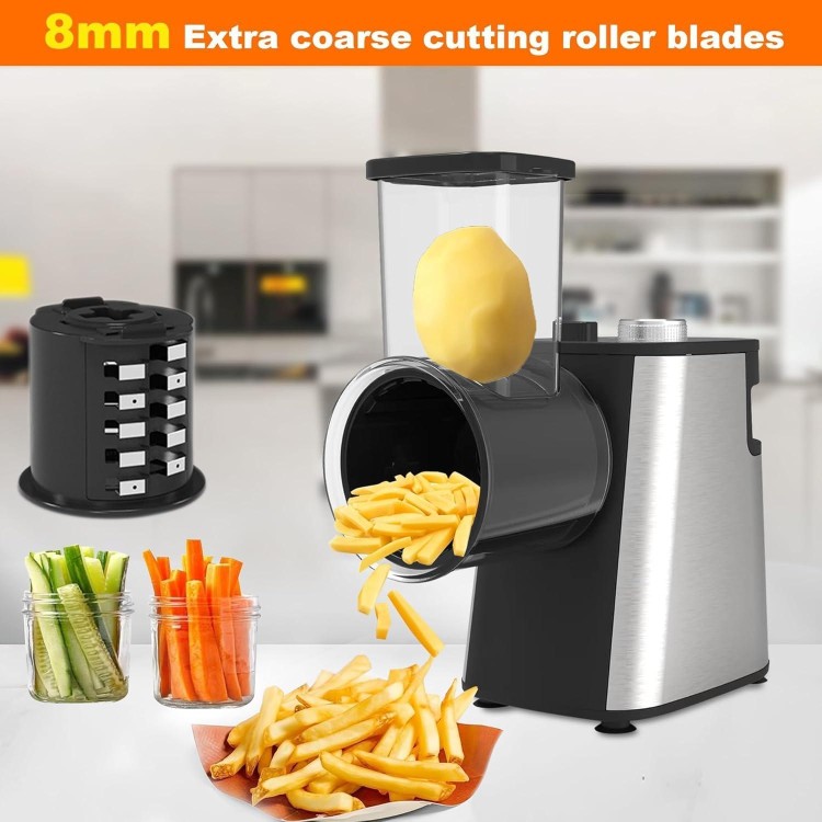 Electric Cheese Grater Upgraded, 400W Cheese Shredder, Automatic Electric Slicer,Vegetable Cutter for Cabbage,Fruits,Carrots,Salad Maker Machine with 6 Different Shapes of Blades