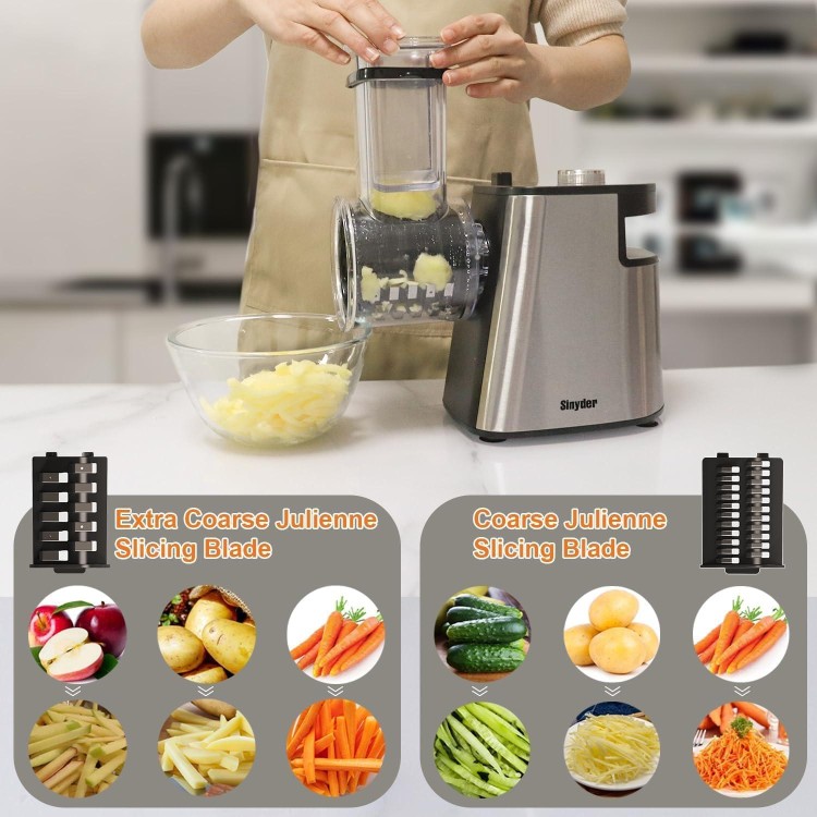 Electric Cheese Grater Upgraded, 400W Cheese Shredder, Automatic Electric Slicer,Vegetable Cutter for Cabbage,Fruits,Carrots,Salad Maker Machine with 6 Different Shapes of Blades